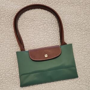 Longchamp Green Shoulder Bag with Brown Leather Trim
